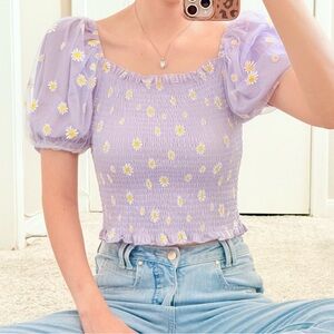 #020 | Smocked Puff Sleeve Top | Purple Daisy | XS/S | On/Off Shoulder